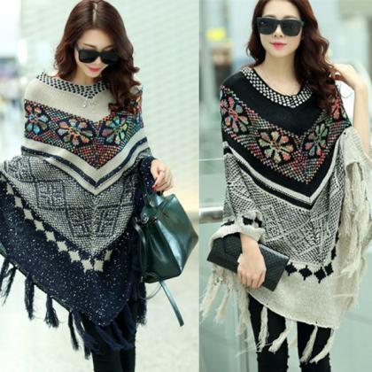 Ivory/navy Sequined Christmas Snowflake Poncho..