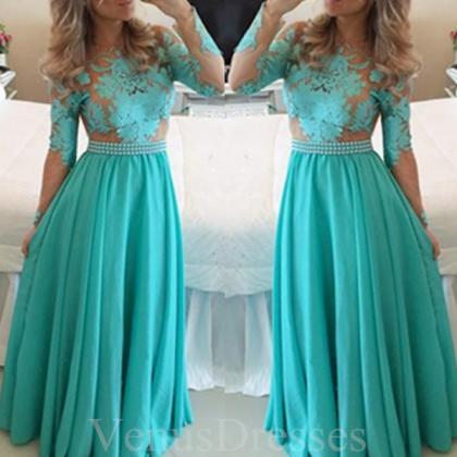 Trendy Turquoise Lace Appliques Full-sleeves Prom..