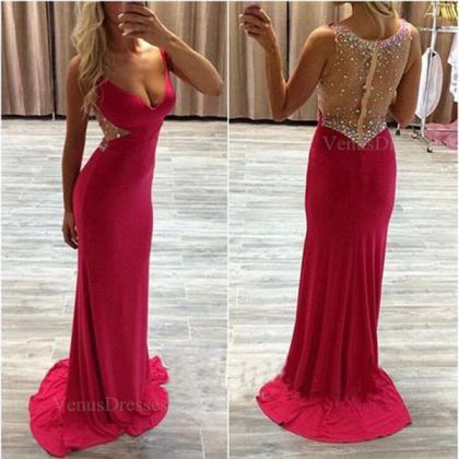 Red Sexy Sheering Back V-neck Sweep Train Prom..