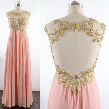 Gold Appliques Open Back Sheering Pink Round..