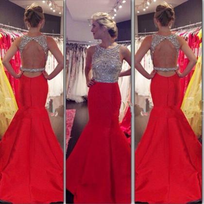 Red Shiny Beaded Backless Mermaid/trumpet Prom..