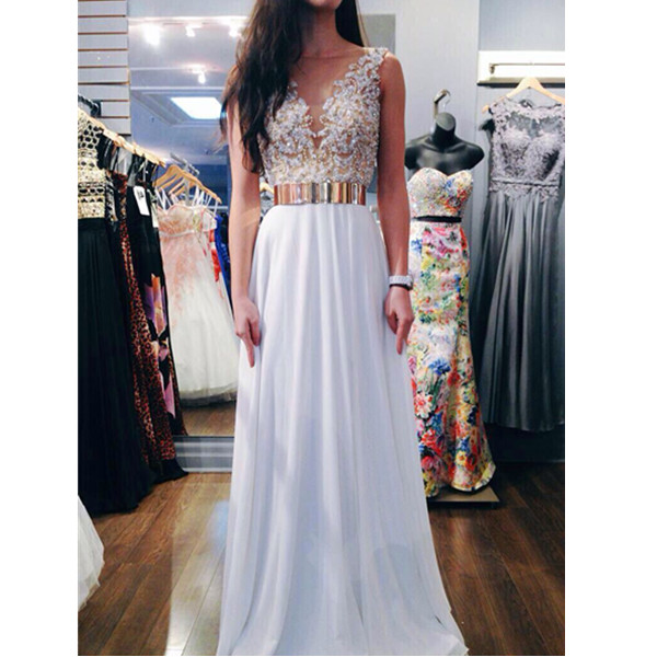 Trendy Beaded Appliques White A-line Round Neckline Floor Length Prom Dress Handmade