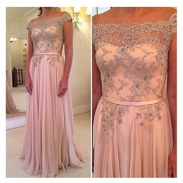 Handmade Embroidery Pink A-line Off-shoulder Neckline Sweep Train Prom Dress With Sash