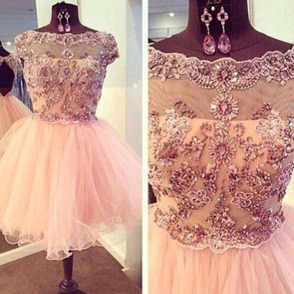Shiny Applique Lace Beaded Pink Ball Gown Round Neckline Mini Homecoming Dress Party Dress Prom Dress