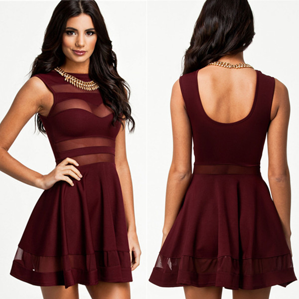 Burgundy Dull-red Mesh Panel Club Skater Dress Prom Dress