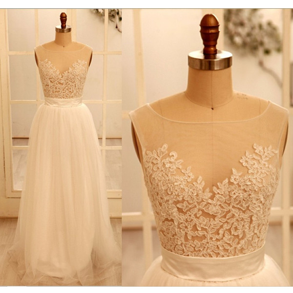 Ivory Appliques Lace Round Neckline Floor Length Prom Dress Wedding Dress Handmade