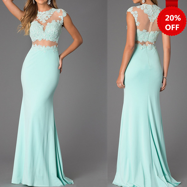 Two-piece Mint Lace High Neck Bare-midriff Floor Length Prom Dress Handmade