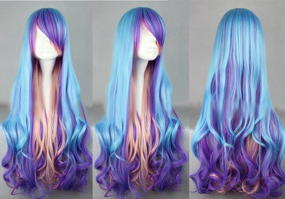 Unique Handmade Blue Purple And Pink Multi-color Curl Long Lolita Wig Japanese Wig Anime Cosplay Wig