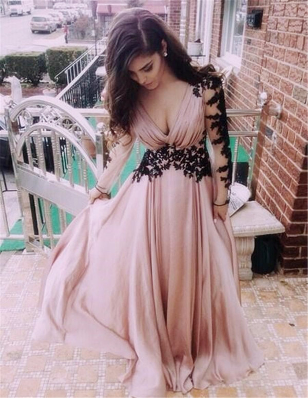 Gorgeous Lace Appliqes V-neck Long Sleevesfloor Length Prom Dress Party Dresses