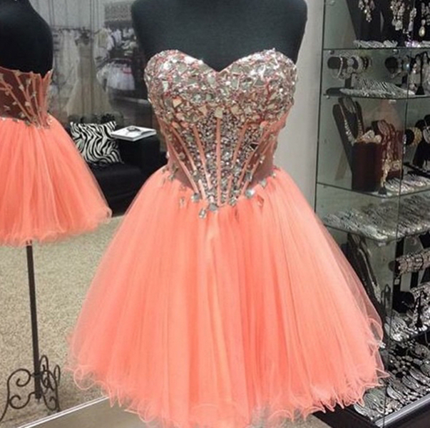 Bright Coral/orange Rhinestoned Ball Gown Sweetheart Neckline Mini Homecoming Dress Party Dress
