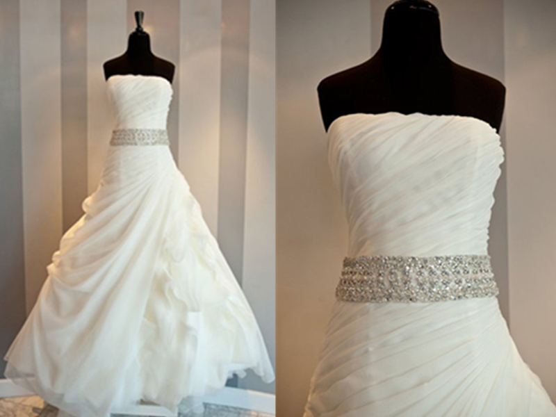 Super Attractive Beaded Sash Ruffle Ball Gown Strapless Sweep Train Organza Wedding Dress Bridal Dress