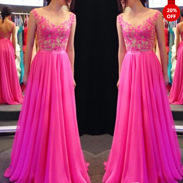 20% Off Newly Fuchsia Lace A-line Round Necline Floor Length Prom Dress Graduation Party Dress