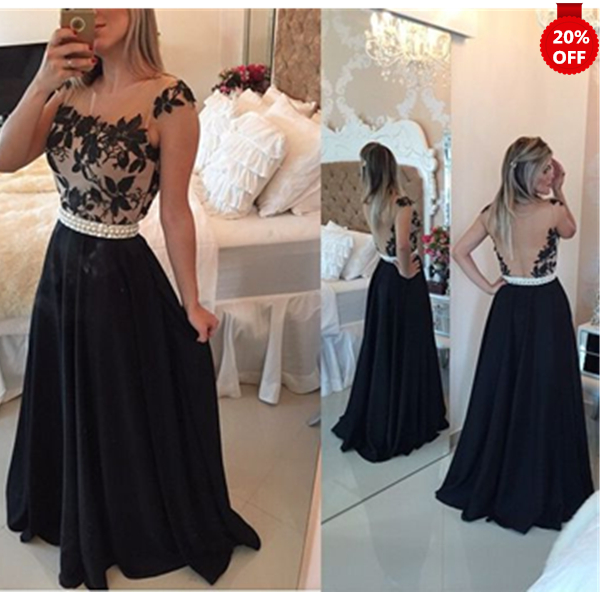 Black Friday&xmas Previous 20% Off Black Lace Round Neckline Floor Length Prom Dresses Formal Dresses