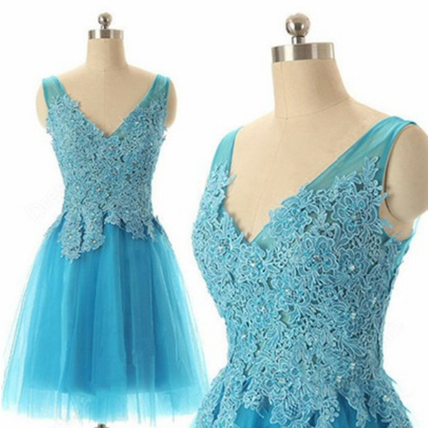 Applique Lace Ball Gown V-neck Mini Prom Dress Graduation Dress Homecoming Dress