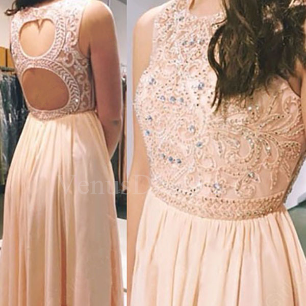 Styles Pearl Pink Beaded Round Neckline Backless Floor Length Prom Dress Party Dress