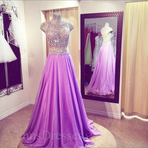 Light Purple Sheering Two-piece Round Neckline Sweep Train Prom Dress Long Formal Dress