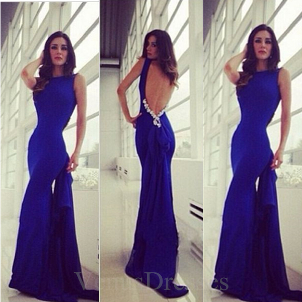 Unique Royal Blue Backless Mermaid Round Sweep Train Prom Dress Evening Dress With Back Beaded