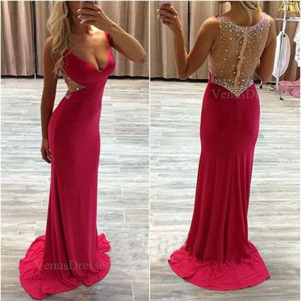 Red Sexy Sheering Back V-neck Sweep Train Prom Dress Long Party Dress
