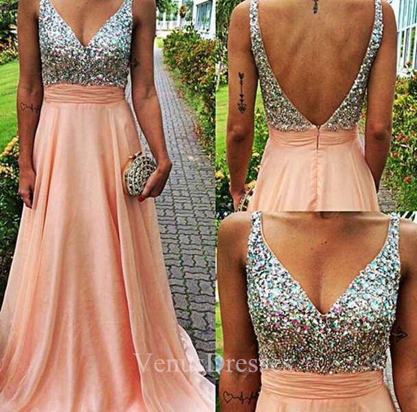 Light Coral Beaded Bodice V-neck A-line Sweep Train Prom Dress With Backless