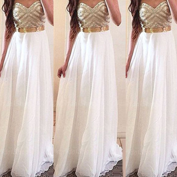 Gold Beaded White A-line Sweethear Neckline Floor Length Prom Dress Graduation Dress
