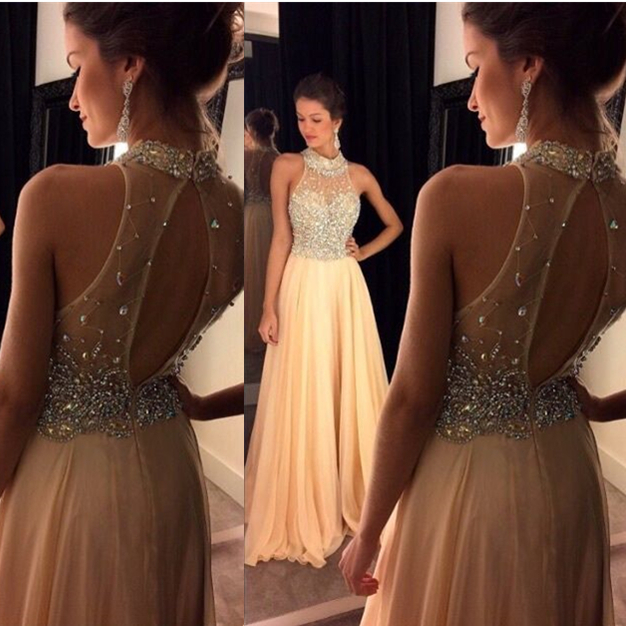 Champagne Beaded High Neck Backless Floor Length Prom Dress Graduation Party Dress