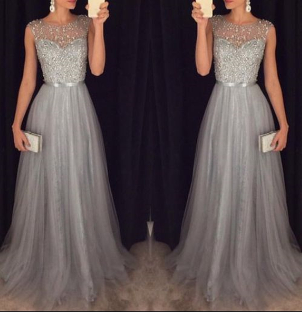 Silver Beaded Tulle Round Neckline Floor Length Prom Dress Formal Party Dress