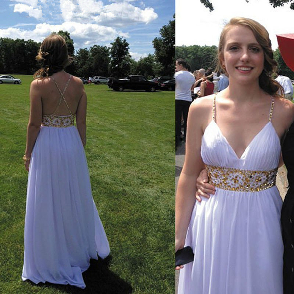 Gloden Shiny Beaded White A-line Cross-back Straps Long Graduation Dress Prom Dress Formal Dress