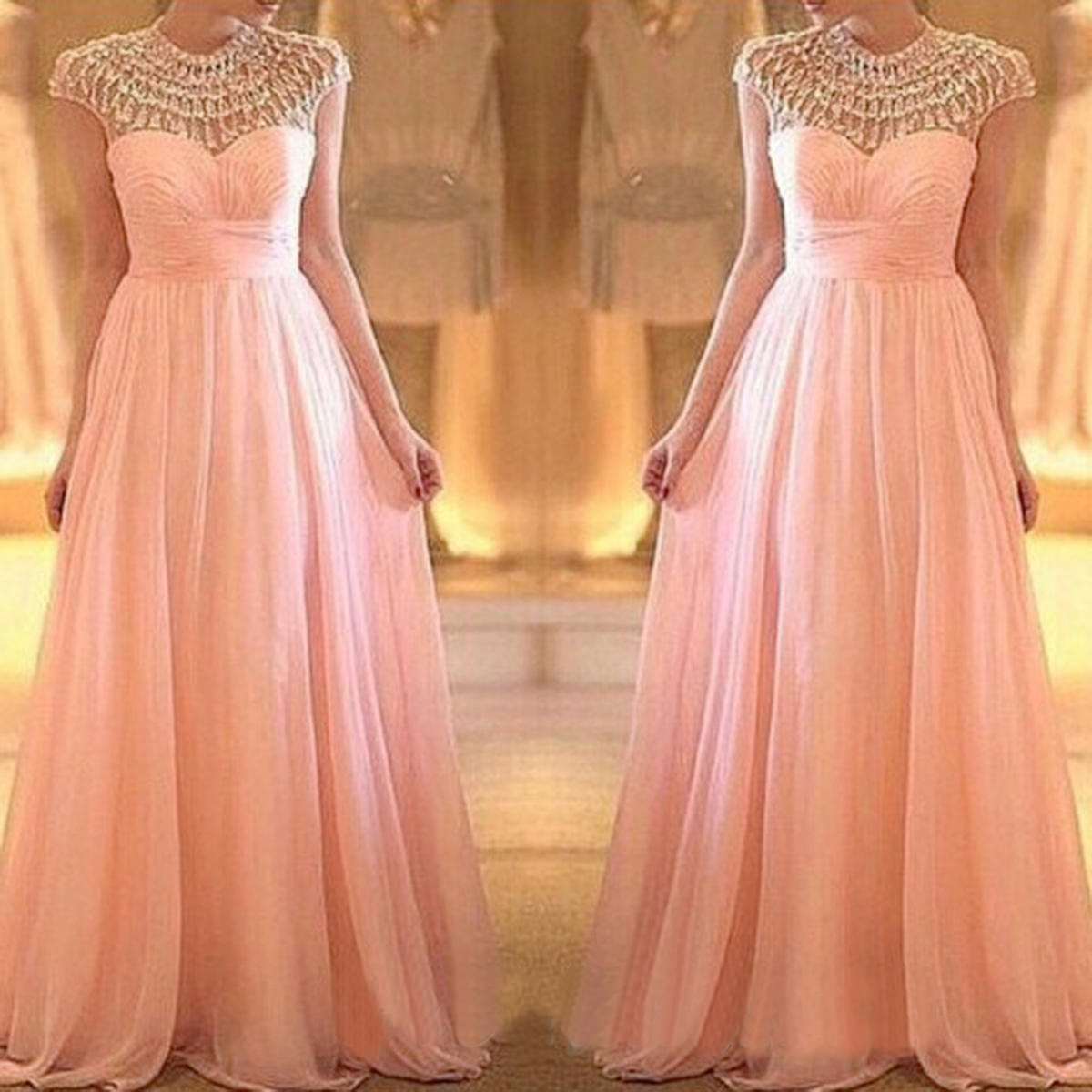 High-neck Rhinestones Pearl Pink A-line Floor Length Prom Dress Formal Party Dress