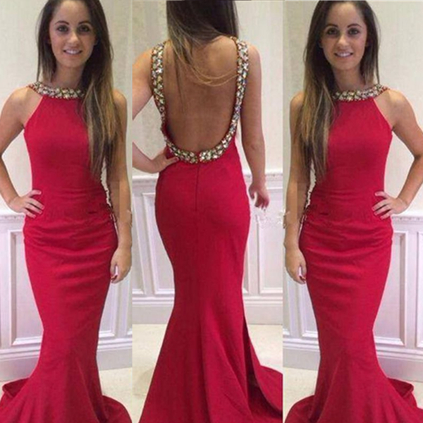 Sexy Red Rhinestones Backless Mermaid/trumpet High-neck Sweep Train Prom Dress Evening Party Dress