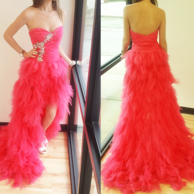Watermelon/coral High-low Sweetheart Neckline Sweep Train Prom Dress Homecoming Dress
