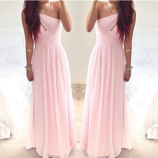 Unique Simple Pink One-shoulder Neckline Floor Length Prom Dress Bridesmaid Dress