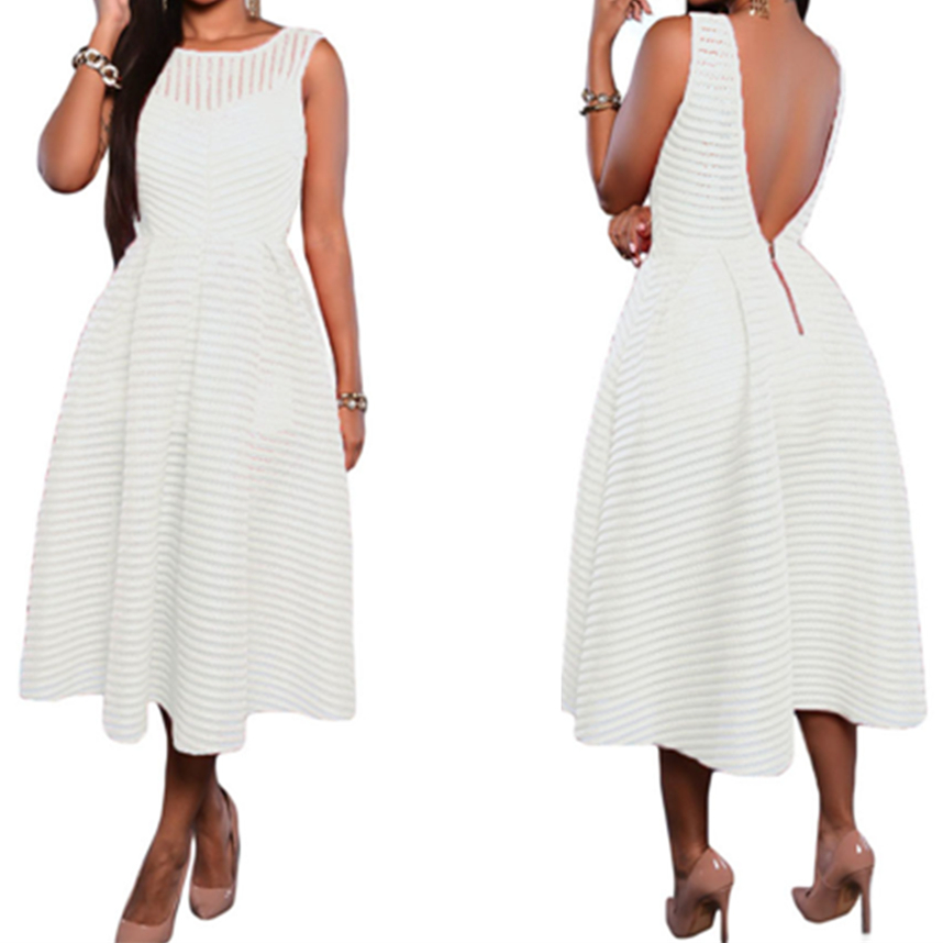 ! White A-line Stripes V Back Graduation Dress Midi Dress