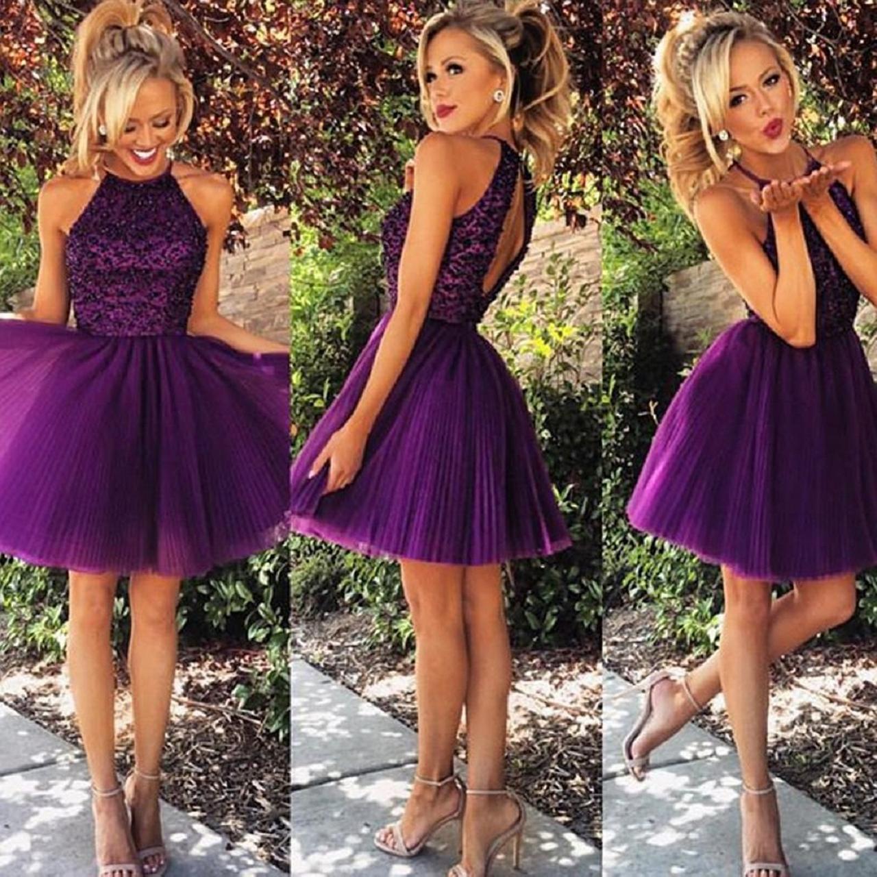 Custom Made Purple Lace Ball Gown Halter Neckline Mini Cocktail Dress