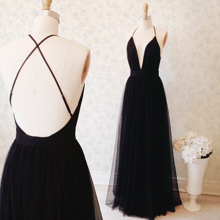 Custom Made Black A-line Deep V-neck Cross Back Floor Length Evening Dress Bridesmaid Dress Graduation Dress