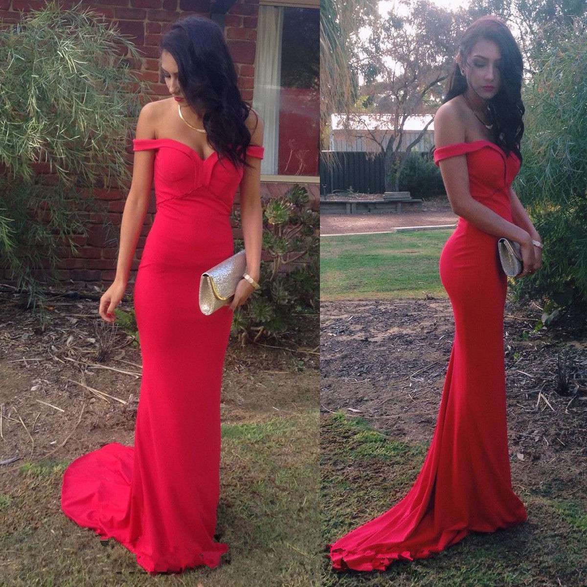 Custom Made Red Sheath-column Off-shoulder Sweep Train Graduation Dress Prom Dress Evening Dress