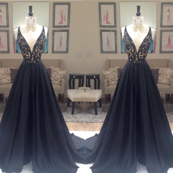 Unique Custom Made Royal Black Lace A-line V-neck Sweep Train Evening Dress Prom Dress