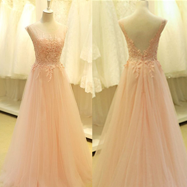 Custom Made Pink Lace Appliques A-line Round Neckline Floor Length Prom Dress Wedding Party Dress Bridesmaid Dress