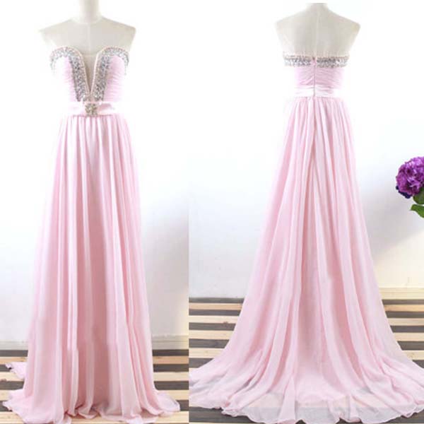 Custom Made Beaded Bodice Pink Sweetheart Neckline Sweep Train Prom Dress Formal Dress Wedding Party Dress