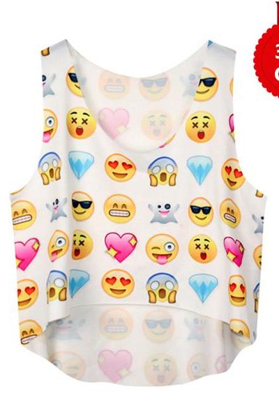 Funny White Emoji Print Women Crop Top Christmas Tank Top