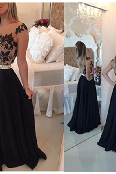 Black Friday&Xmas Previous Sale 20% Off Black Lace Round Neckline Floor Length Prom Dresses Formal Dresses