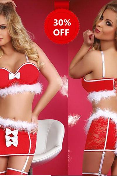 Sexy Red Snow White Festive Bra Set Women Christmas Costume