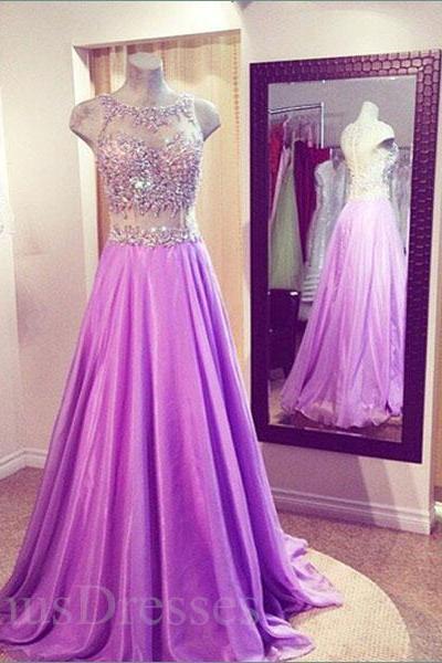 Light Purple Sheering Two-piece Round Neckline Sweep Train Prom Dress Long Formal Dress