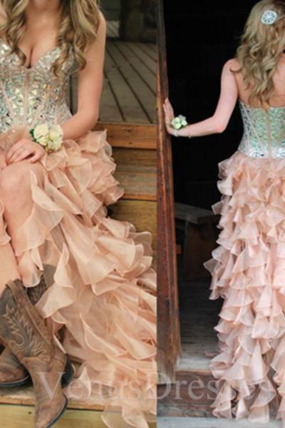 2016 Hi-Lo Prom Dresses with Corset Bodice Sweetheart Party Dresses/Cocktail Dress with Crystals/Rhinestones/Beading
