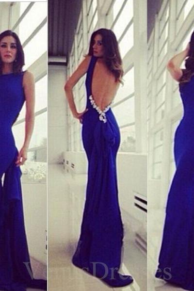 Unique Royal Blue Backless Mermaid Round Sweep Train Prom Dress Evening Dress with Back Beaded