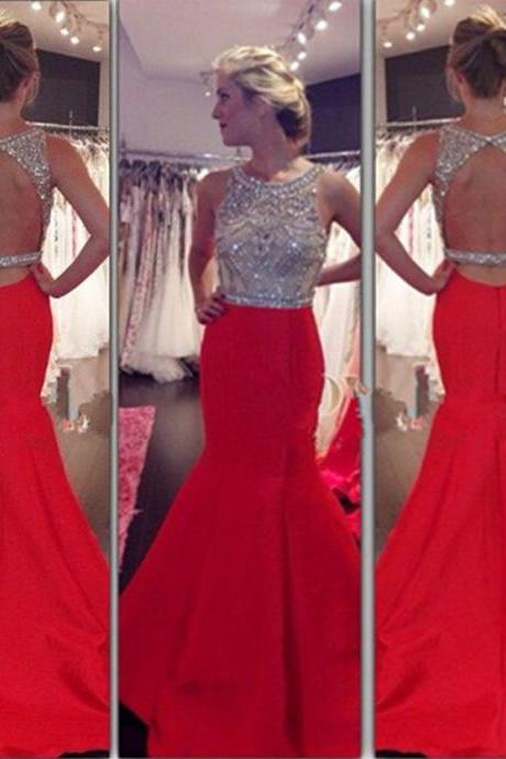 Red Shiny Beaded Backless Mermaid/trumpet Prom Dress Evenig Party Dress