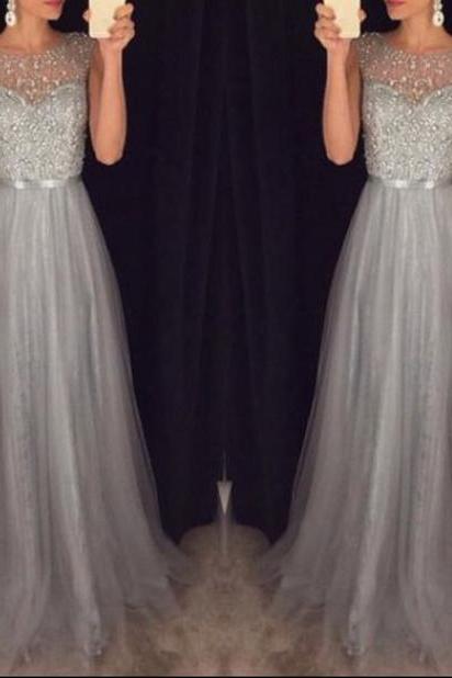 Silver Beaded Tulle Round Neckline Floor Length Prom Dress Formal Party Dress