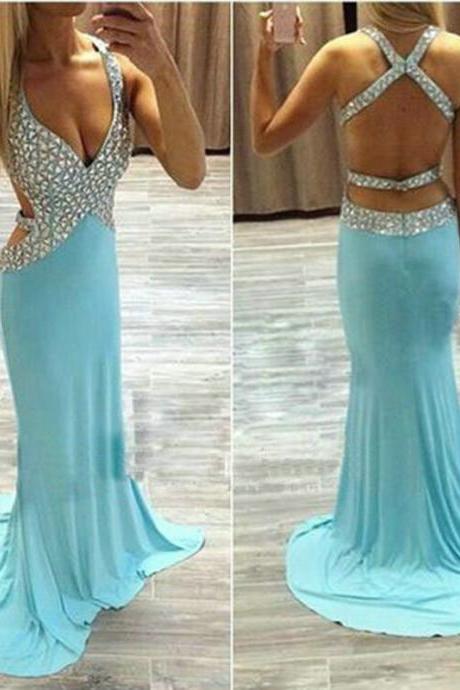 Sexy Blue Rhinestones Cross-back V-neck Sweep Train Prom Dress Long Party Dress