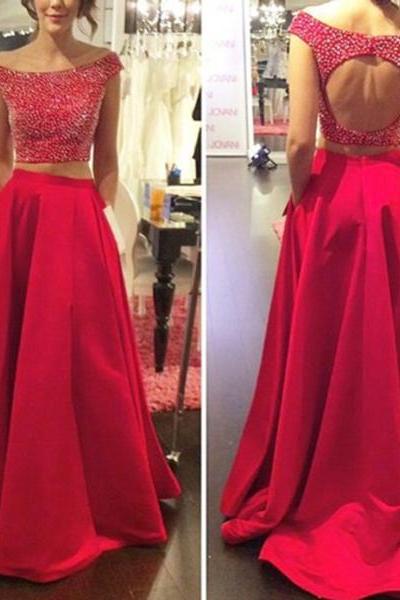 Style Two-piece Beaded Bodice Off-shoulder Open Back Sweep Train Prom Dress Long Formal Party Dress