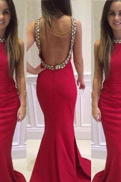 Sexy Red Rhinestones Backless Mermaid/Trumpet High-neck Sweep Train Prom Dress Evening Party Dress