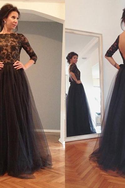 Hot Fancy Black Lace Appliques Half Sleeves High-neck Floor Length Tulle Prom Dress With Open Back